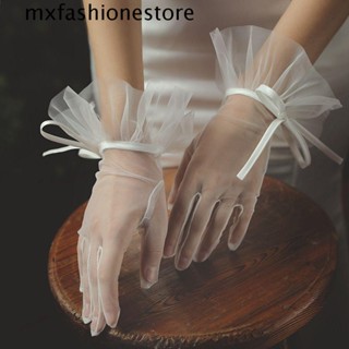 Mxfashione ถุงมือเจ้าสาว สวย อารมณ์ มุก ริบบิ้น โบว์ ถุงมือ