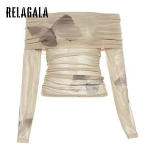 Relagala เสื้อยืดแขนยาว เปิดไหล่ เข้ารูป สีพื้น แฟชั่นสตรีท 2023