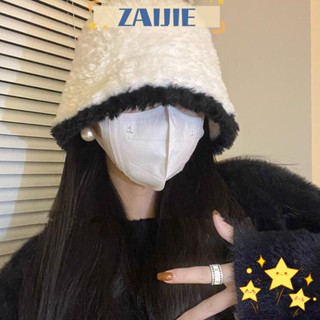 Zaijie24 หมวกบักเก็ต ผ้าโพกหัว ผ้าวูล แบบหนานุ่ม ให้ความอบอุ่น แฟชั่นฤดูหนาว