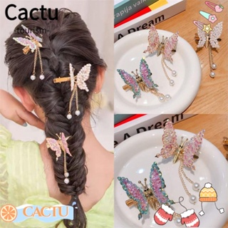 Cactu กิ๊บติดผม รูปผีเสื้อ ประดับพู่ ไข่มุก หลากสี 2 ชิ้น