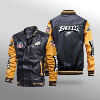 NFL Eagles football team custom jacket long sleeve plus velvet warm stitching color PU leather baseball uniform windproof jacket