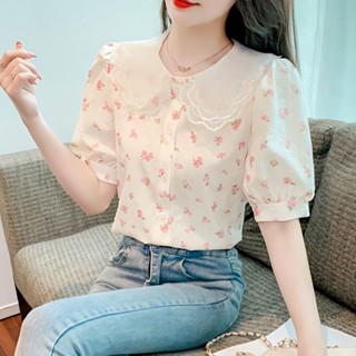 เสื้อคาร์ดิแกน แขนสั้น ผ้าชีฟอง คอตุ๊กตา ทรงหลวม ลายดอกไม้ แฟชั่นฤดูร้อน สําหรับผู้หญิง 2023