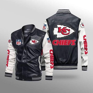 NFL Chiefs football team custom jacket long sleeve plus fleece warm stitching color PU leather baseball uniform windproof jacket