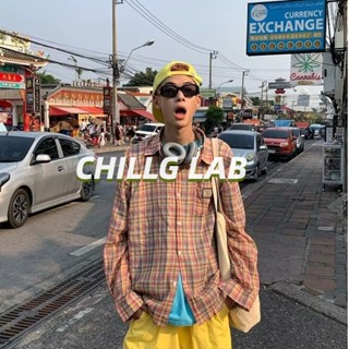 CHILLG LAB เสื้อเชิ้ตผู้ชายแขนยาวอเมริกันวินเทจสีชมพูลายสก๊อตฤดูใบไม้ร่วงบางหลวมออกแบบความรู้สึกเฉพาะคู่เสื้อโค้ทอเนกประสงค์