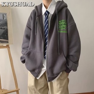 KYUSHUAD เสื้อฮู้ด High Street สไตล์ฮ่องกงมีซิปทุกตัวพร้อมเสื้อสเวตเตอร์พิมพ์ลายตัวอักษรกำมะหยี่สำหรับผู้ชาย