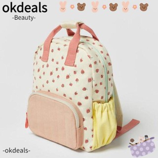 Okdeals กระเป๋าเป้สะพายหลัง กระเป๋านักเรียน ผ้าฝ้าย ปักลายสตรอเบอร์รี่ สีสันสดใส สําหรับเด็ก