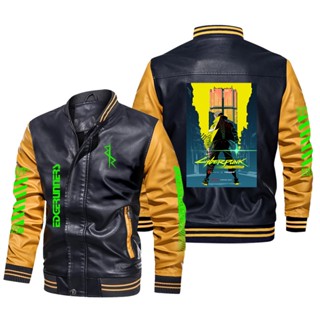 Cyberpunk Edgerunners Jacket Racing Long Sleeve Plus Fleece Warm Stitching Color PU Leather Baseball Uniform Windproof Jacket