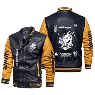 Cyberpunk 2077 Edgerunners jacket long-sleeved plus fleece warm stitching color PU leather baseball uniform windproof jacket