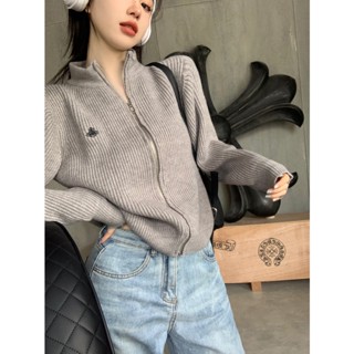 2772#小众立领拉链针织开衫女装秋冬季简约宽松短款百搭外套上衣