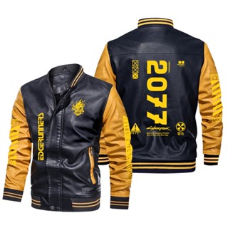 Cyberpunk 2077 jacket game custom long-sleeved plus velvet warm stitching color PU leather baseball uniform windproof jacket