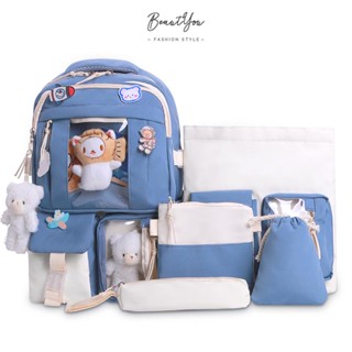{ขายดี 99} กระเป๋าเป้สะพายหลัง กระเป๋านักเรียน หลายช่อง พร้อมจี้ตุ๊กตาน่ารัก สําหรับผู้หญิง 5 ชิ้น ต่อชุด [BeautYou.th]