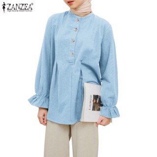 Zanzea เสื้อท็อปส์ แขนยาว ทรงหลวม สีพื้น แฟชั่นสําหรับสตรีชาวมุสลิม