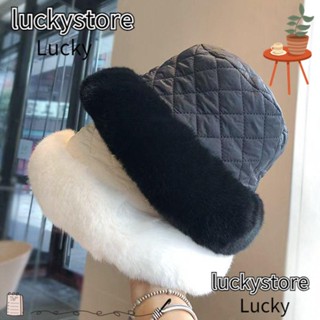 Lucky หมวกบักเก็ต ผ้าฝ้าย และผ้ากํามะหยี่ แบบนิ่ม ประดับขนเฟอร์เทียม ให้ความอบอุ่น เหมาะกับใส่กลางแจ้ง สําหรับผู้หญิง