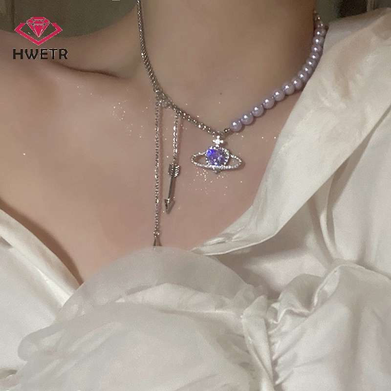 Hwetr ใหม่ สร้อยคอโชคเกอร์ ประดับมุกเทียม จี้ดาวเคราะห์ โรแมนติก เครื่องประดับแฟชั่น สําหรับผู้หญิง ของขวัญ ปาร์ตี้