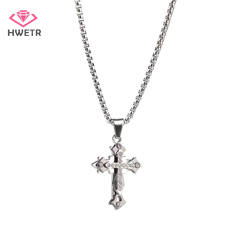 Hwetr ใหม่ สร้อยคอโซ่ โลหะผสม จี้ไม้กางเขน ประดับเพชร สไตล์ฮิปฮอป เครื่องประดับแฟชั่น สําหรับผู้ชาย และผู้หญิง