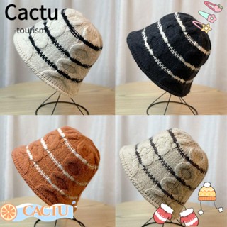 Cactu หมวกบักเก็ต หมวกบีนนี่ ผ้าขนสัตว์ถัก ทรงกลม หนานุ่ม อบอุ่น สไตล์เกาหลี ฤดูใบไม้ร่วง ฤดูหนาว