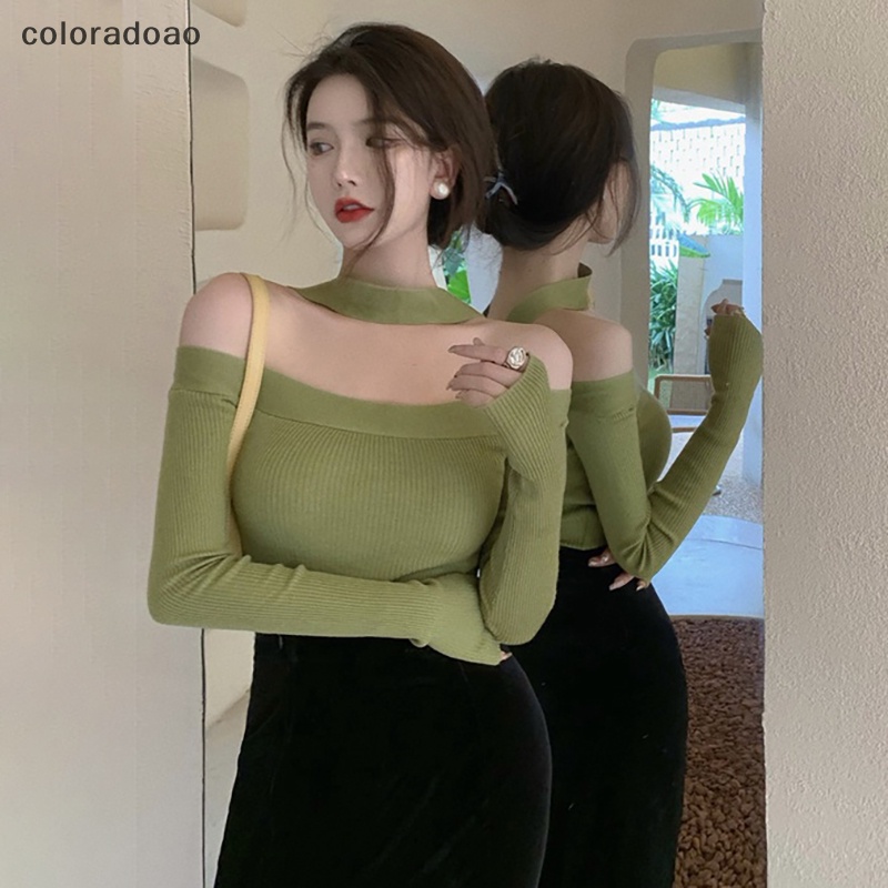 Crd เสื้อกันหนาวแขนยาว เปิดไหล่ ผ้าถัก เซ็กซี่ สีพื้น สําหรับผู้หญิง ZXH - รูปที่ 4