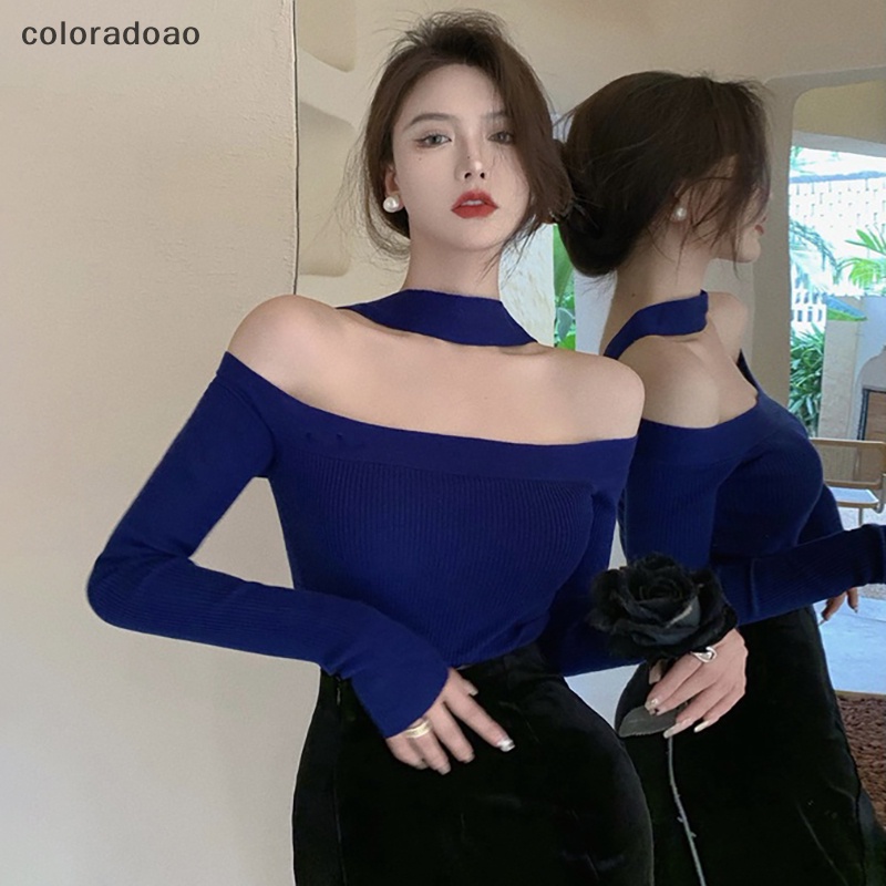 Crd เสื้อกันหนาวแขนยาว เปิดไหล่ ผ้าถัก เซ็กซี่ สีพื้น สําหรับผู้หญิง ZXH - รูปที่ 5