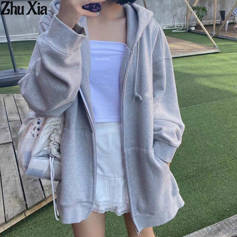 เสื้อแจ็กเก็ตกันหนาว มีฮู้ด แต่งซิป สีพื้น พลัสไซซ์ สําหรับผู้หญิง
