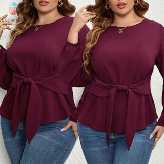 【TRSBX】Women Tops Lace Up Top Long Sleeve Loose Plus Size Purple Shirt Solid Color