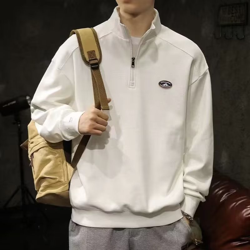 เสื้อยืดโปโลแขนยาว มีฮู้ด แต่งซิป แบบเรียบง่าย สไตล์สปอร์ต สําหรับผู้ชาย
