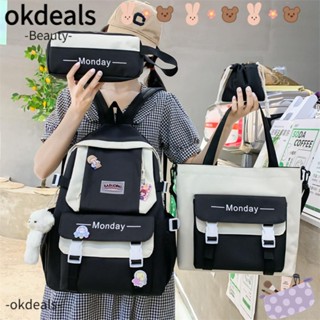 Okdeals กระเป๋าเป้สะพายหลัง ผ้าไนล่อน ลายการ์ตูน ปรับได้ จุของได้เยอะ สําหรับนักเรียนหญิง 4 ชิ้น