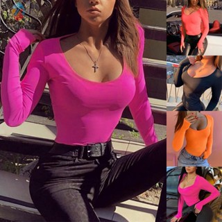 【TRSBX】Women Long-Sleeve Bodycon Romper Jumpsuit Stretch Bodysuit Leotard Top-Blouse  .