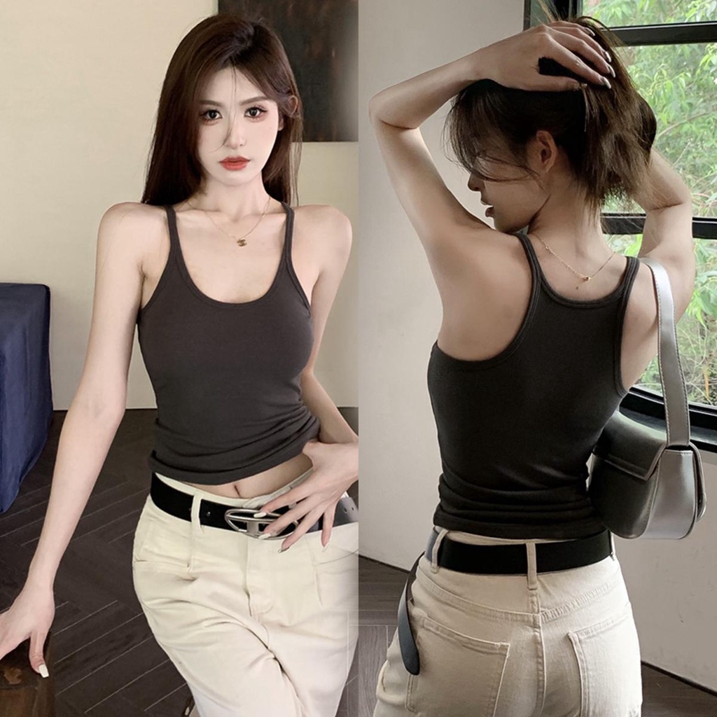 mimi&didi*พร้อมส่ง*สายเดี่ยว เสื้อกล้ามสายถักรัดรูปสำหรับผู้หญิง คอเสื้อรูปตัว U สุดชิค แฟชั่นสีทึบ สำหรับผู้หญิง#8595