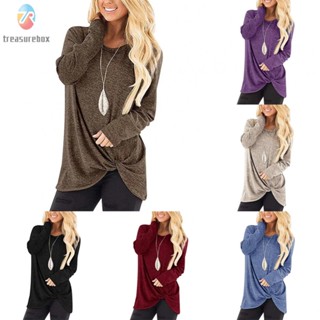 【TRSBX】Womens Pullover Autumn Daily Spring Solid Color T-Shirt Blouse Front Tunic Knot