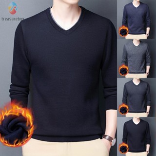 【TRSBX】Mens Winter Warm V-neck Knit Plush Lined Sweater Pullover Jumper Knitwear Tops