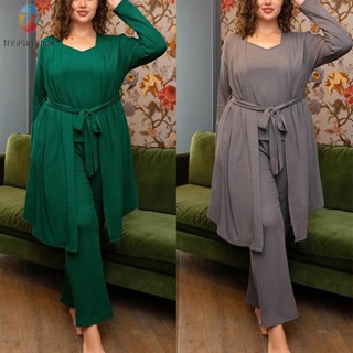 【TRSBX】Relaxed Fit Plus Size Nightgown with Belted Cardigan Long Sleeve Sleepwear