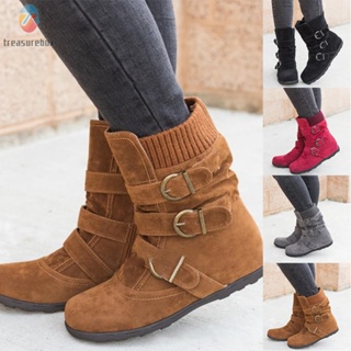 【TRSBX】Versatile Womens Suede Flat Heel Zip Casual Boots featuring Belt Buckle Accents