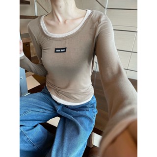 RCDI MIU MIU 23 autumn and winter New letter embroidered logo long-sleeved T-shirt womens fashionable versatile fake two-piece bottoming shirt elastic