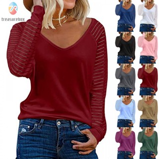 【TRSBX】Women Shirt Soft Solid Color Striped Mesh T Shirt Tee Blouse Comfortable