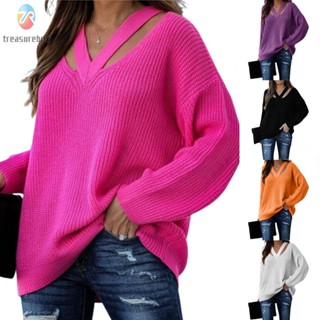 【TRSBX】Women Hollow Out Top Women V-Neck Sweater Knit Pullover Sweaters V Neck