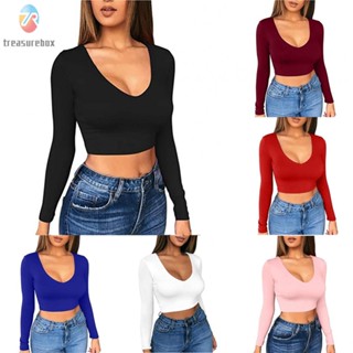 【TRSBX】Comfortable and Versatile Long Sleeve Crop Top in Solid Colors for Women