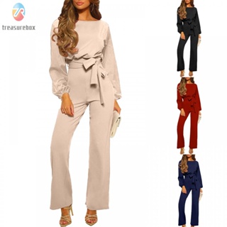 【TRSBX】Women Jumpsuit Solid Color Wide Legs Braethable Comfortable Crew Neck Elastic