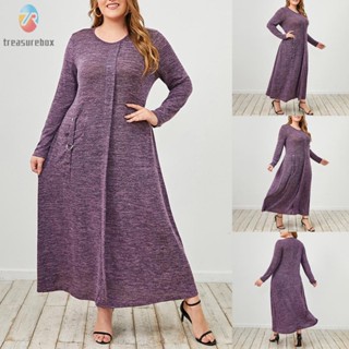 【TRSBX】Women Maxi Dress O Neck Plus Size Long Sleeve Plush Purple Bottoming Dress