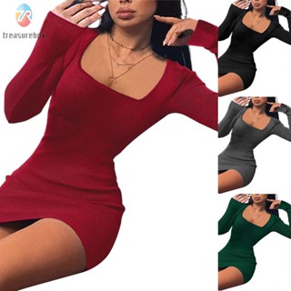 【TRSBX】Women Sexy Casual Solid Bodycon Knit Sweater Party Long Sleeve Square Neck Dress