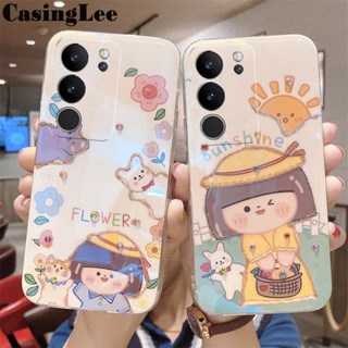 เคสโทรศัพท์มือถือ ซิลิโคนนิ่ม ปิดด้านหลัง ลายดอกทานตะวัน เด็กผู้หญิงน่ารัก ประดับพลอยเทียม สําหรับ VIVO V29 Pro V29E V29E V29 Pro