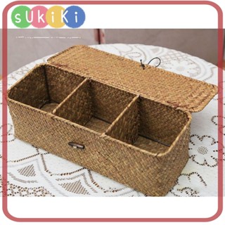 Sukiki ตะกร้าหวายสานเทียม ทรงสี่เหลี่ยม 3 ช่อง ขนาด 32x12x10 ซม. พร้อมฝาปิด ทนทาน สําหรับจัดเก็บเครื่องสําอาง