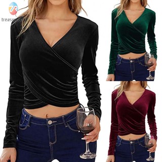 【TRSBX】Top For Women Autumn Blouse Crop Tops Cross Folded Elegant Open Navel Shirt