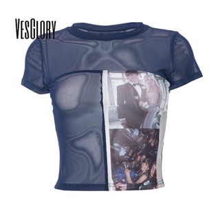 Vesglory เสื้อครอปท็อป คอกลม แขนสั้น พิมพ์ลาย สีตัดกัน แฟชั่นสําหรับผู้หญิง 2023