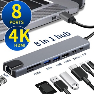 อะแดปเตอร์ฮับ USB C 8 In 1 Type C 3.1 เป็น 4K HDMI พร้อมการ์ดรีดเดอร์ RJ45 SD TF PD ชาร์จเร็ว สําหรับ MacBook โน้ตบุ๊ก แล็ปท็อป คอมพิวเตอร์