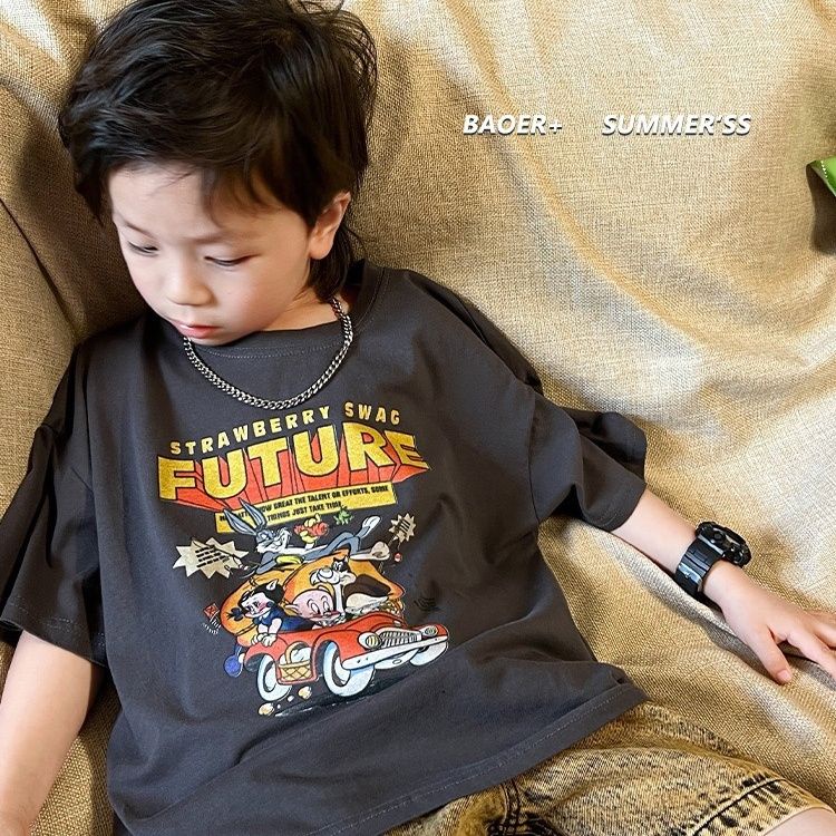 2.3 เสื้อยืดแขนสั้น ผ้าฝ้ายแท้ ขนาดเล็ก กลาง ใหญ่ ลายการ์ตูน แฟชั่นฤดูร้อน สําหรับเด็กผู้ชาย 2023