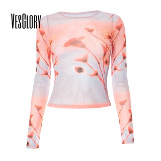 Vesglory เสื้อครอปท็อป แขนยาว คอกลม พิมพ์ลาย สีพื้น ทรงสลิมฟิต แฟชั่นสําหรับผู้หญิง 2023