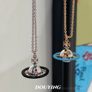 0823-SPSDY High Version Saturn Retro Small Three-Dimensional Blue and Black Ring Saturn Orb Necklace Female Niche Design Clavicle Chain 0MZK