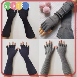 Sukiki ถุงมือถัก แบบครึ่งนิ้ว สีดําล้วน สําหรับผู้หญิง