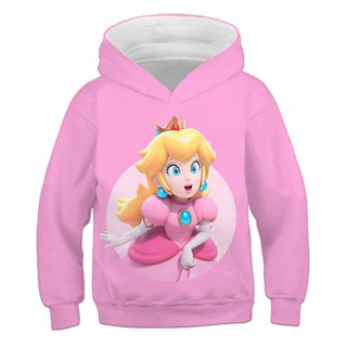 เสื้อกันหนาว มีฮู้ด ลาย Super Mario Peach Princess แฟชั่นฤดูใบไม้ร่วง สําหรับเด็กผู้ชาย และเด็กผู้หญิง 2023