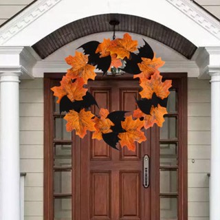 Halloween Maple Wreath Garland Artificial Maple Leaf Bat Vine Door Hanging Decor